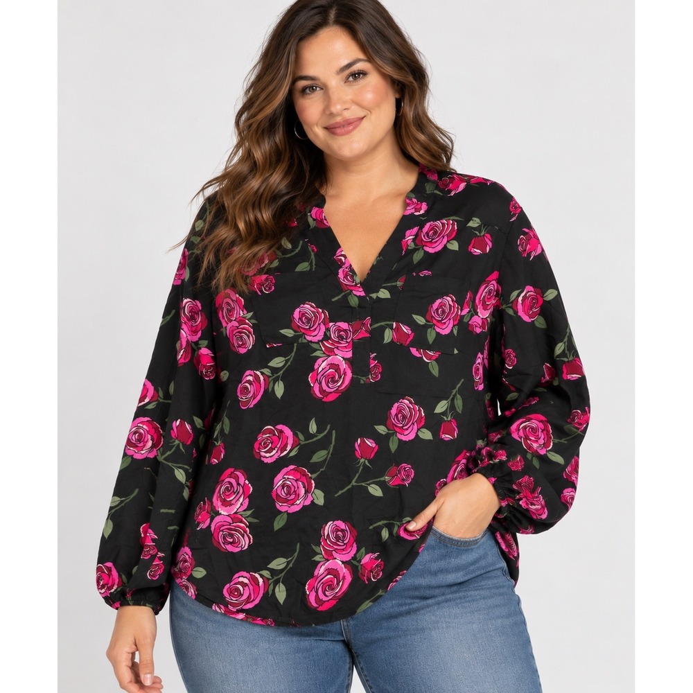 Torrid Harper Blouse Women 1 Black Pink Rose Floral V-Neck Long Sleeve Pullover